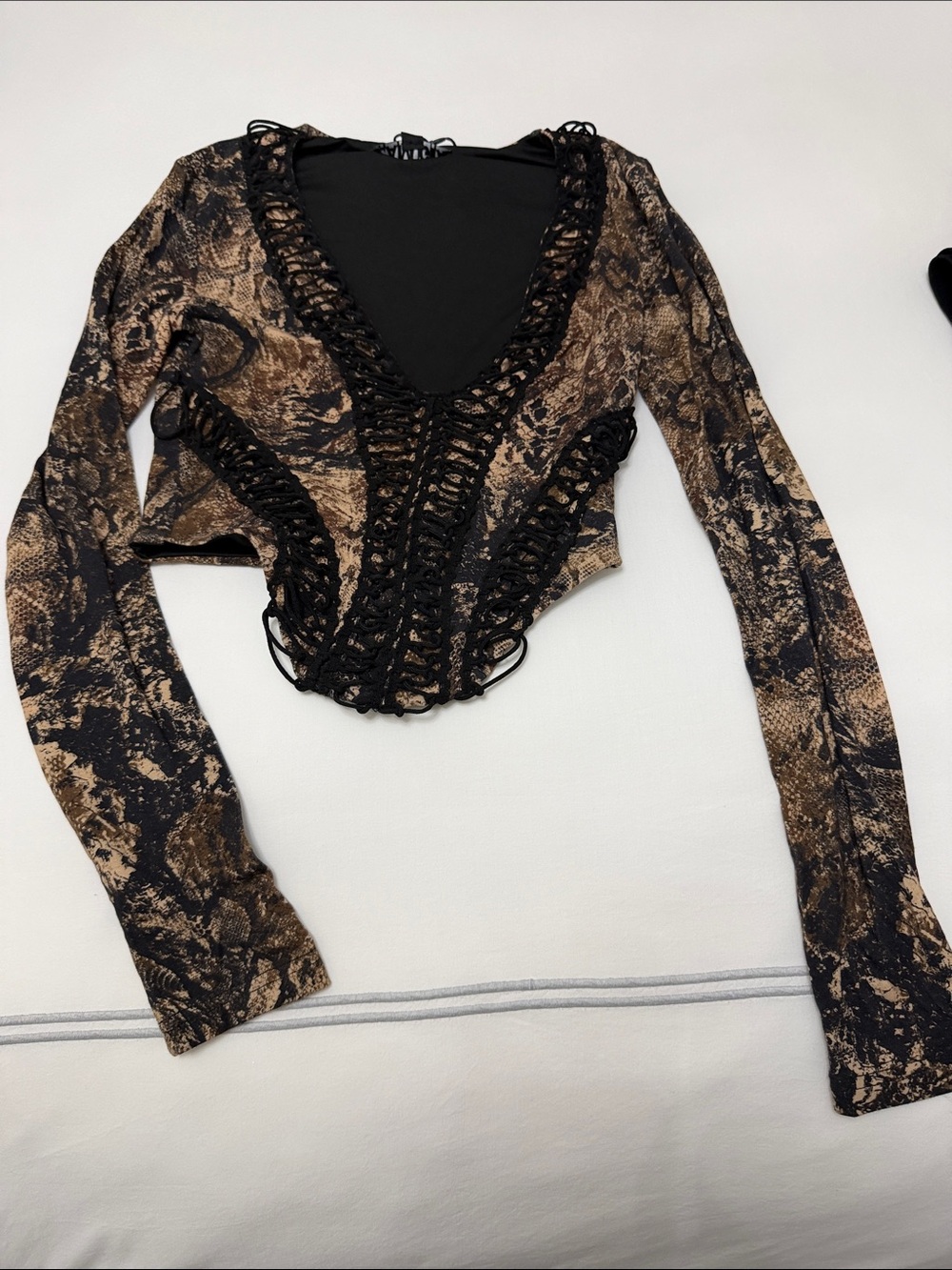 I.AM.GIA Snake-Print Lace-Up Long Sleeve Bodysuit - Black & Brown